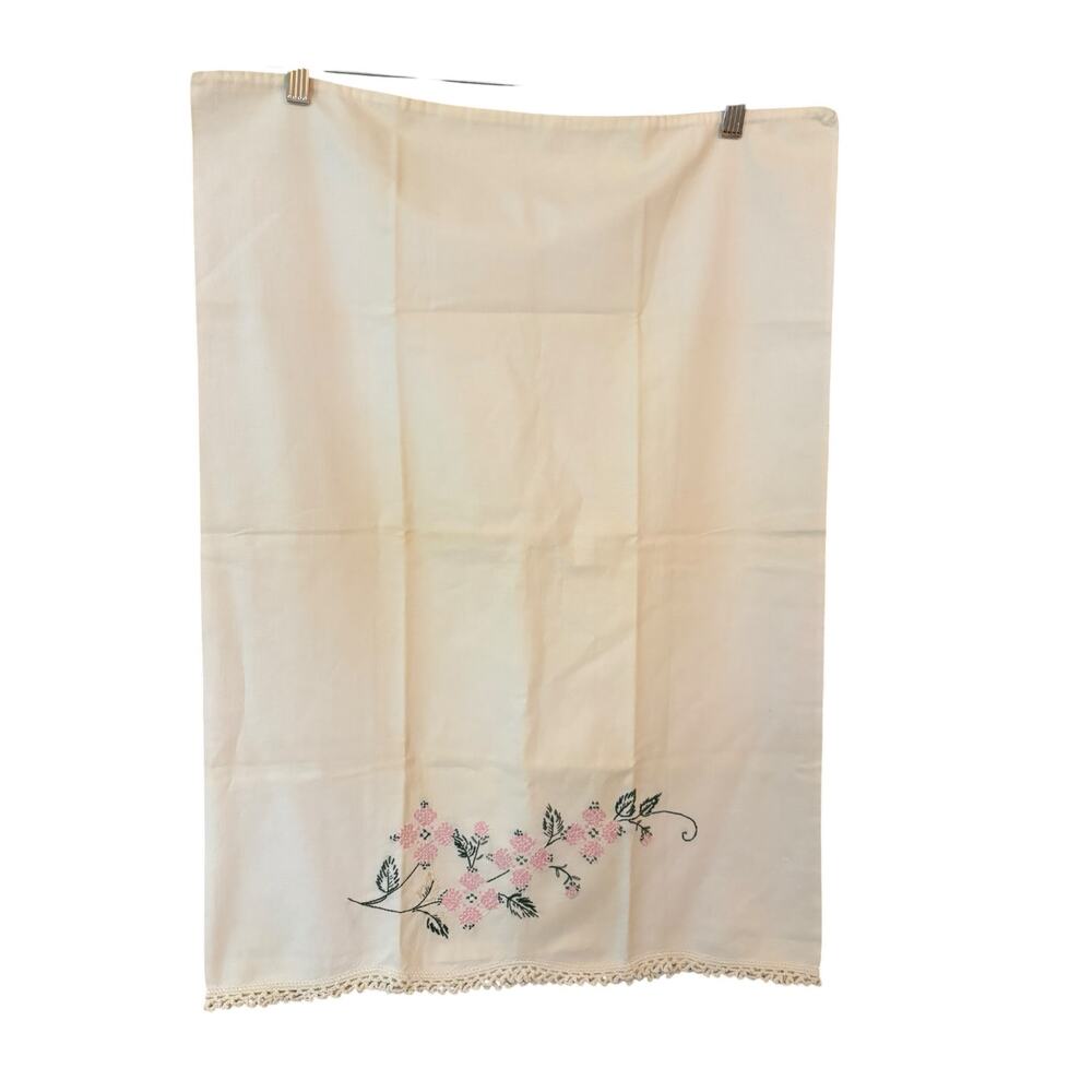 Vintage Embroidered Pillowcase Standard Sz White Cotton Chic Shabby Cottagecore